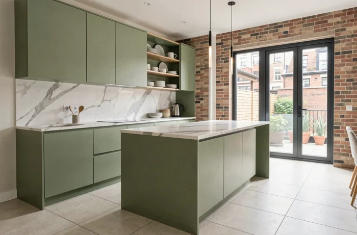 Cuisine ouverte réaménagée avec des meubles sur mesure en vert sauge et un îlot en marbre Calacatta dans un intérieur contemporain