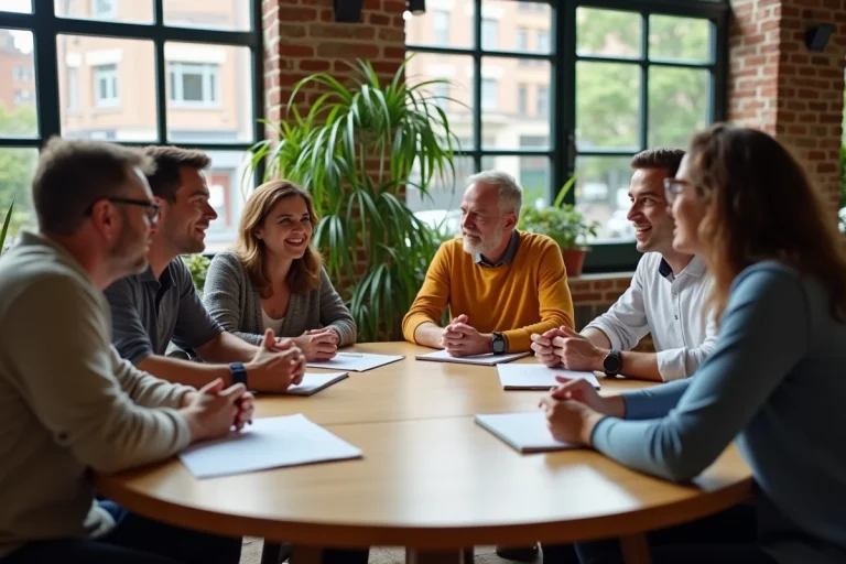 Groupe de citoyens adultes débattant autour d'une table dans une salle communautaire moderne