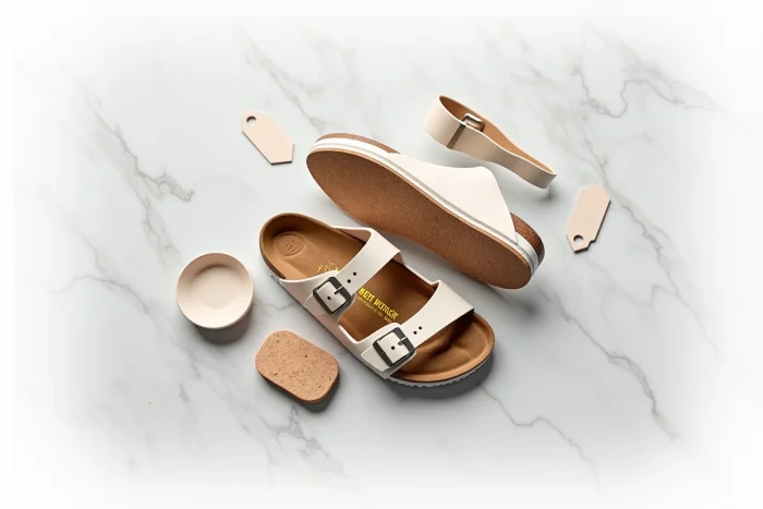 Décomposition des composants d'une sandale Birkenstock sur marbre blanc : semelle liège, semelle EVA et lanières cuir, expliquant la justification du prix élevé