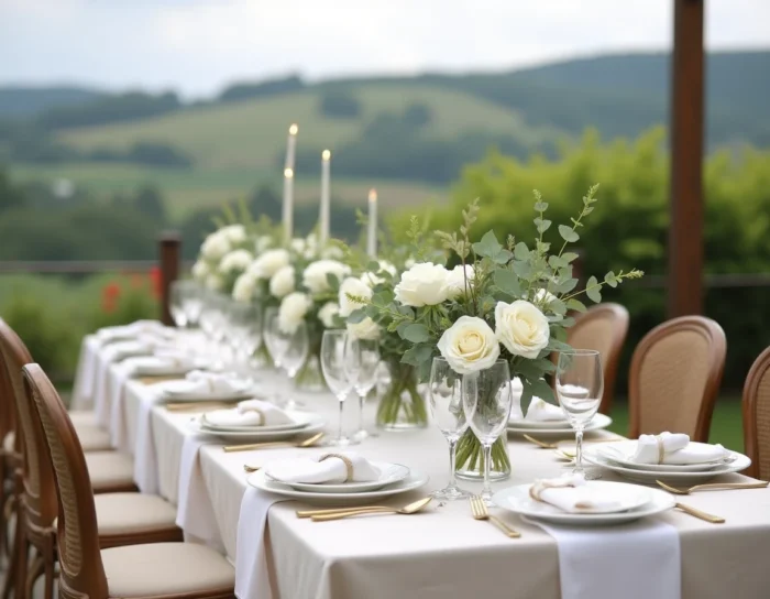 Table de réception de mariage décorée avec des fleurs blanches, vaisselle en porcelaine et verrerie en cristal sur une terrasse avec vue sur les vignobles