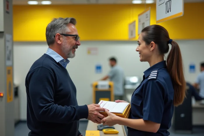 Homme déposant un formulaire de réexpédition de courrier au guichet de La Poste