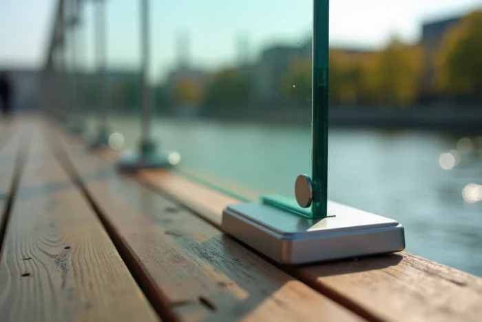 Détail technique d'une garde-corps en verre trempé et acier inoxydable installée sur une terrasse en bois, illustrant les normes de sécurité réglementaires 2025