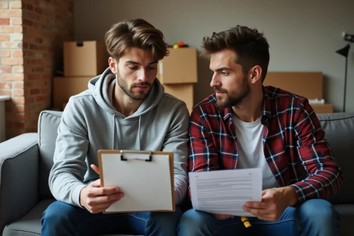 Deux colocataires lisent un contrat de bail dans un appartement en cours d'installation