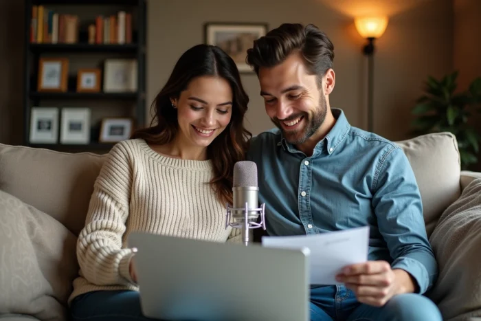 Couple de mariés enregistrant une voix off devant un microphone pour leur diaporama animé de mariage