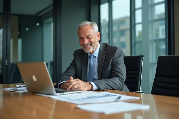 Dirigeant d'entreprise aéronautique assis en salle de conseil avec des documents financiers et un ordinateur portable sur une grande table en bois