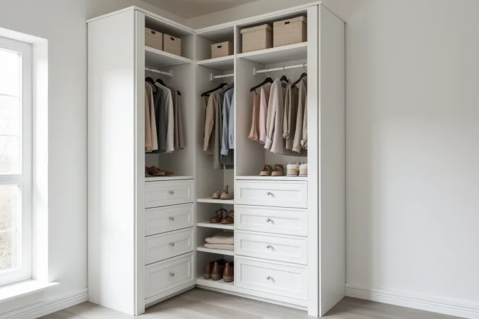 Dressing d'angle compact avec étagères modulaires sol-plafond, tiroirs coulissants et rangements à chaussures pour optimiser chaque centimètre carré