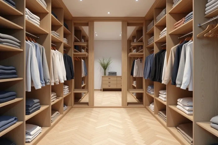 Dressing sur mesure avec étagères en bois clair, tringles à deux hauteurs et vêtements organisés par couleur dans une pièce aux dimensions optimisées