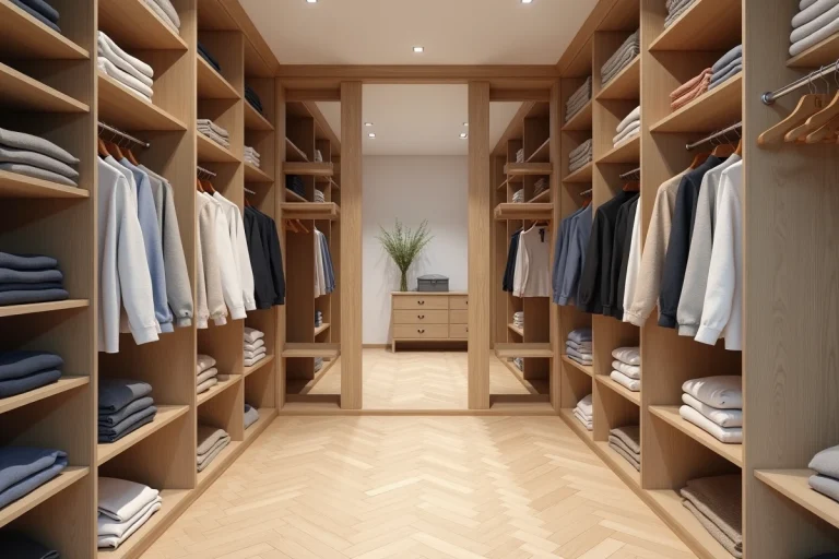 Dressing sur mesure avec étagères en bois clair, tringles à deux hauteurs et vêtements organisés par couleur dans une pièce aux dimensions optimisées