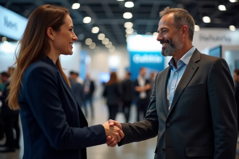 Deux professionnels B2B échangent une carte de visite lors d'un événement networking en entreprise