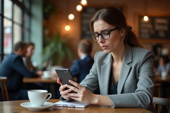 Femme inquiète consultant un échec de paiement PayPal sur son smartphone dans un café