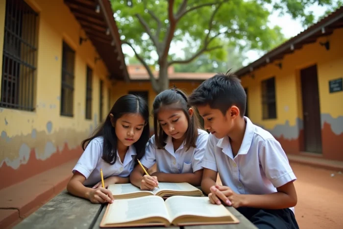 Groupe d'élèves étudiant ensemble dans la cour d'une école modeste en Amérique latine, symbolisant l'accès à l'éducation dans les pays en voie de développement