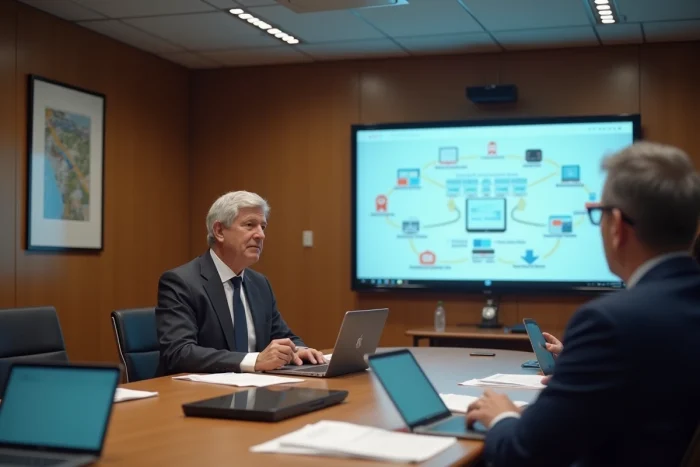 Élu local en réunion stratégique de transformation numérique avec des conseillers municipaux autour d'outils digitaux et de services publics connectés