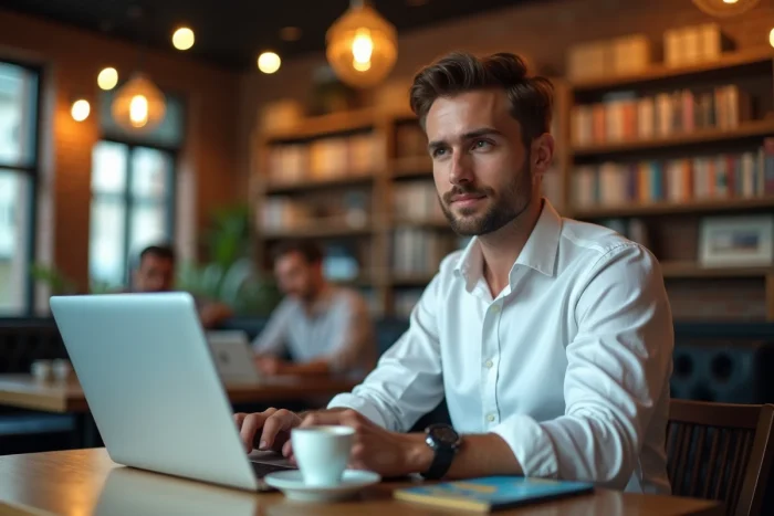 Jeune entrepreneur travaillant sur une comparaison de taux de TVA internationaux dans un café urbain