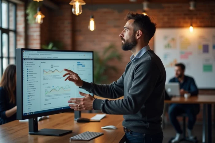 Entrepreneur masculin présentant une stratégie de business en ligne dans un espace de co-working moderne