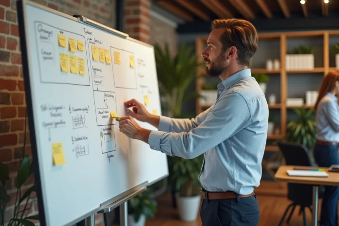 Chef d'entreprise planifiant des services professionnels sur mesure devant un tableau blanc dans un espace de coworking