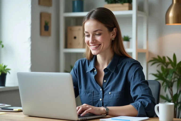 Entrepreneuse en ligne travaillant sur ses statistiques e-commerce depuis un bureau à domicile moderne et bien organisé