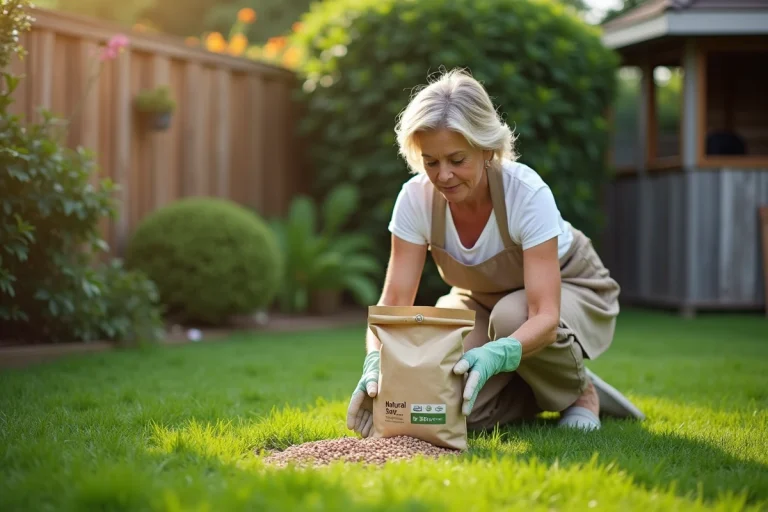 Femme épandant un engrais naturel granulaire sur un gazon vert dans un jardin résidentiel
