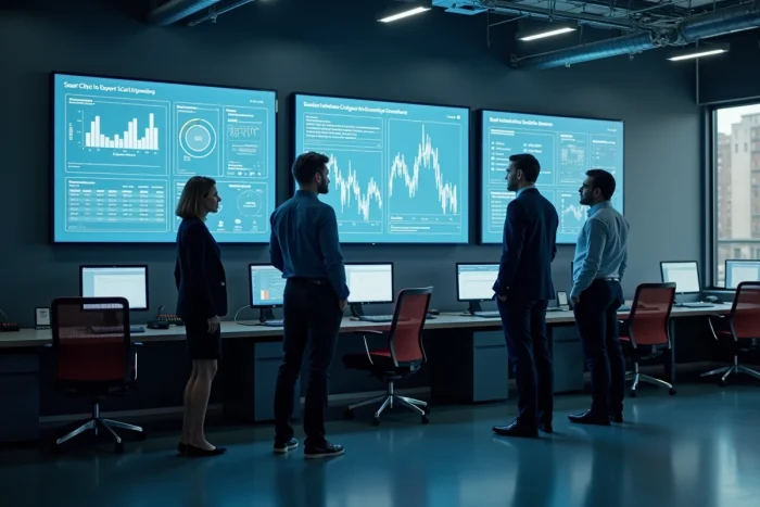 Équipe d'agents territoriaux analysant des tableaux de bord numériques en temps réel dans une salle de pilotage smart city d'une collectivité locale