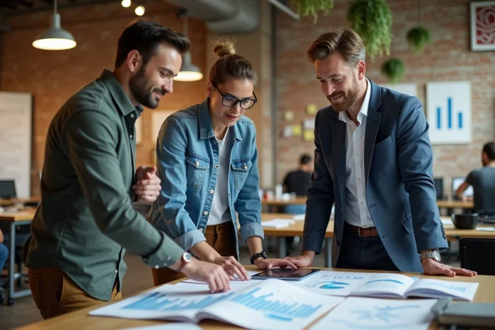 Équipe de professionnels diversifiés collaborant autour d'un bureau debout dans un open space moderne de startup, symbolisant l'innovation et les nouvelles tendances du monde des affaires