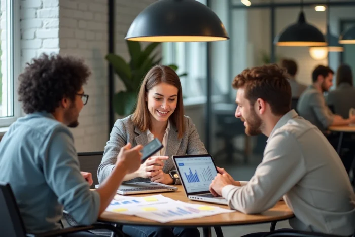 Équipe de professionnels collaborant autour d'une stratégie marketing dans un espace de co-working