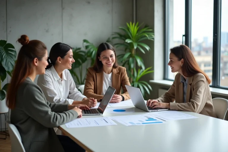 Équipe de professionnels collaborant autour d'une table de réunion moderne avec laptops et tablettes dans un open space contemporain