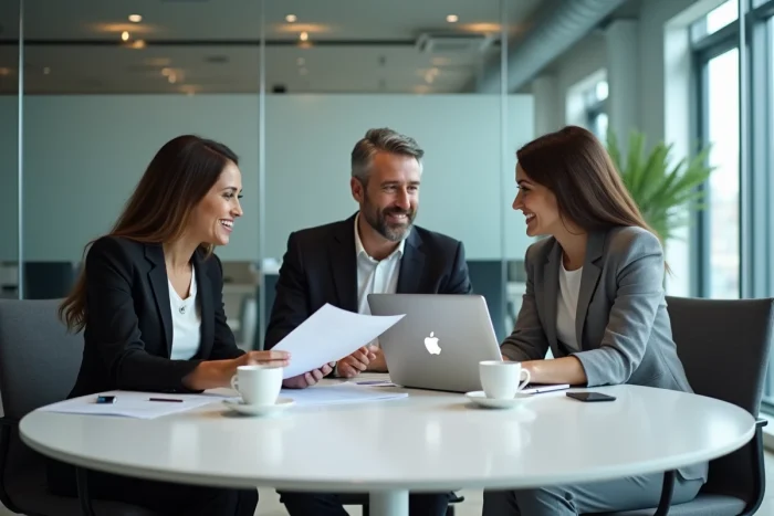 Équipe de professionnels collaborant autour d'une table de réunion pour optimiser les services sur mesure d'une entreprise