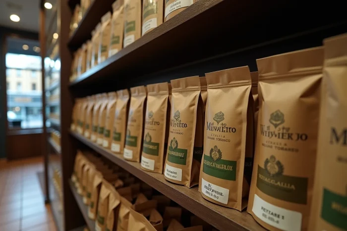 Rayonnage d'un estanco espagnol avec des paquets de tabac à rouler et prix affichés en euros