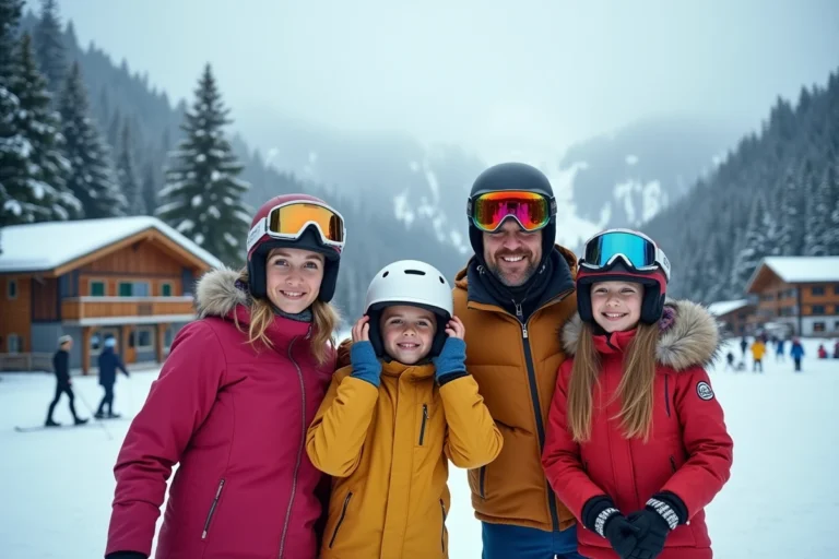 Famille en tenue de ski au pied d'une station alpine autrichienne pendant les vacances d'hiver