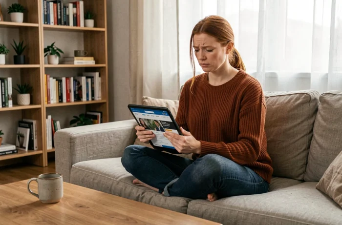 Femme lisant l'actualité nationale sur une tablette depuis son salon confortable avec un café