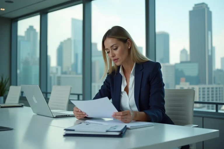 Femme d'affaires en blazer marine examinant des documents dans une salle de conférence moderne avec vue sur la ville, illustrant les tendances du business contemporain