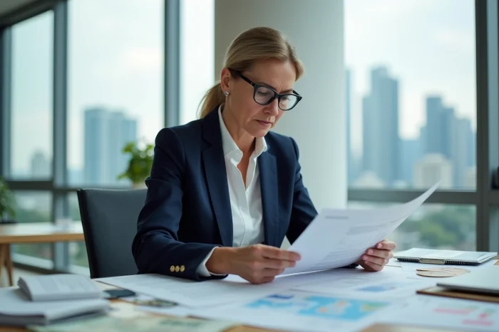 Femme d'affaires analysant des documents fiscaux internationaux dans un bureau moderne avec vue sur la ville