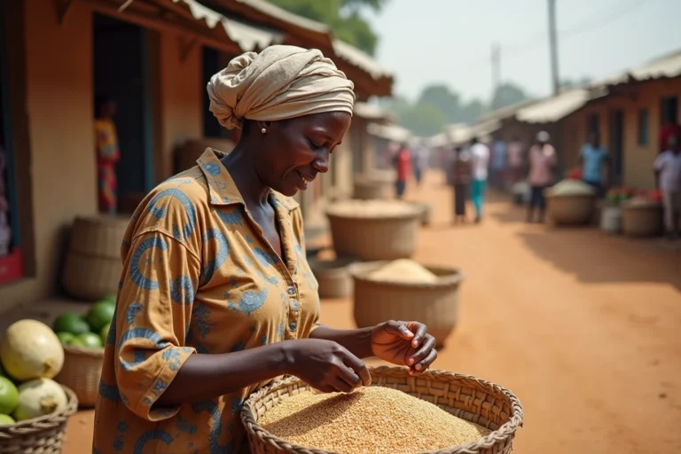 Femme agricultrice triant des céréales dans un marché rural en Afrique subsaharienne, illustration des économies des pays en voie de développement