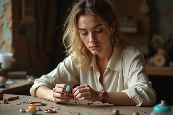 Femme examinant une bague artisanale en cuivre et turquoise dans un atelier de bijouterie
