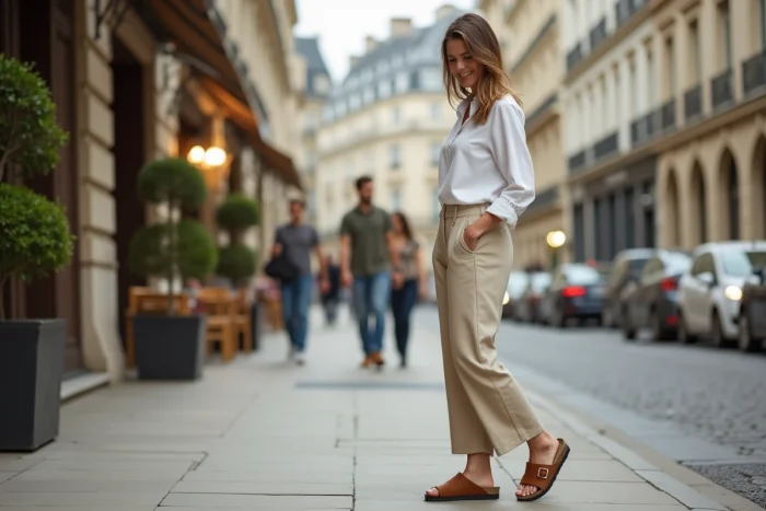 Femme portant des sabots Birkenstock Boston en cuir marron dans une rue parisienne, illustrant le style décontracté et le positionnement premium de la marque