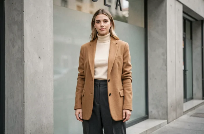 Femme en blazer camel structuré et pantalon large devant une vitrine parisienne minimaliste, style mode contemporaine