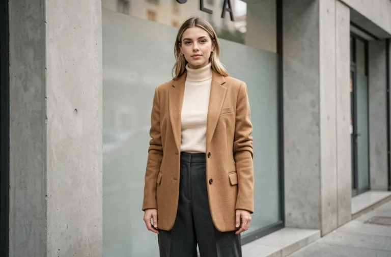 Femme en blazer camel structuré et pantalon large devant une vitrine parisienne minimaliste, style mode contemporaine