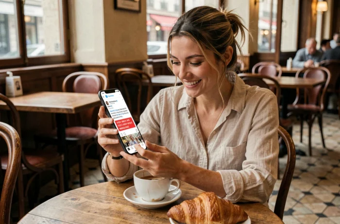 Jeune femme dans un café parisien souriant devant un contenu viral humoristique sur son téléphone lié à la politique française