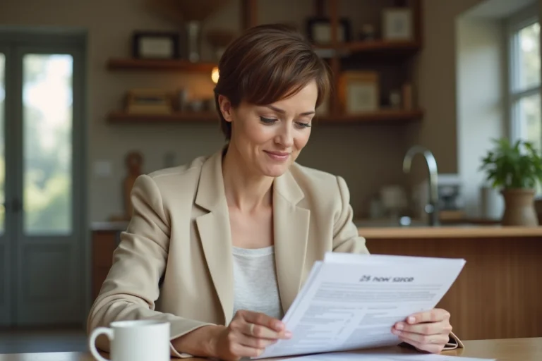 Femme consultant des documents d'assurance auto à domicile pour choisir la meilleure couverture
