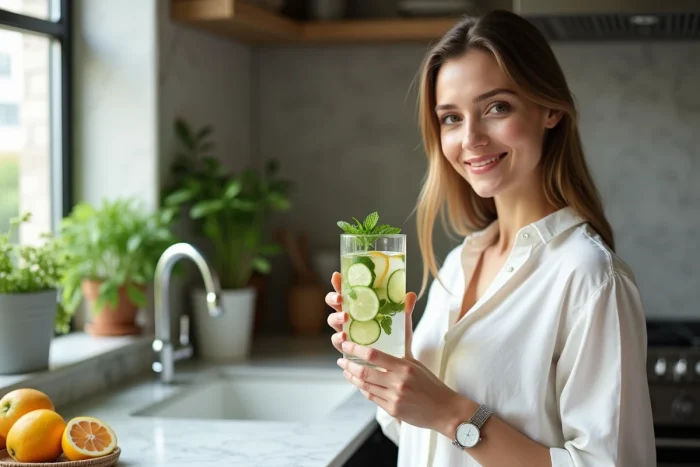 Jeune femme tenant un verre d'eau détox aux agrumes et menthe dans une cuisine moderne en marbre