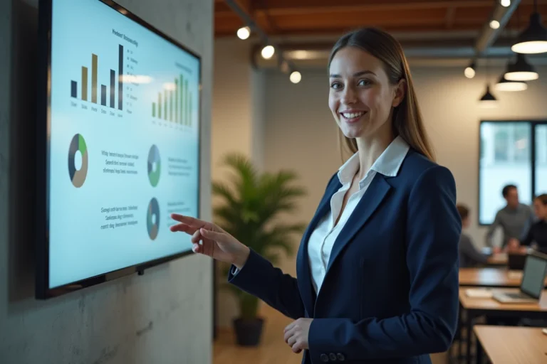 Femme entrepreneur présentant une stratégie marketing dans un bureau moderne avec graphiques de croissance