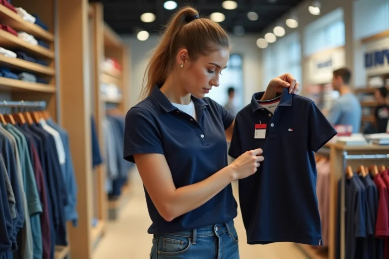 Femme examinant l'étiquette de taille d'un polo Tommy Hilfiger dans un magasin de vêtements