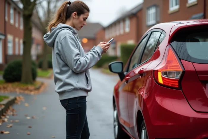 Femme inquiète examinant le pot d'échappement bruyant de sa voiture garée dans une rue résidentielle