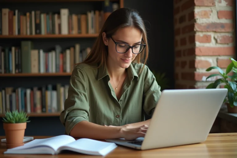 Jeune femme parcourant un blog de biologie et sciences naturelles sur son ordinateur portable dans un bureau cosy avec des livres scientifiques en arrière-plan