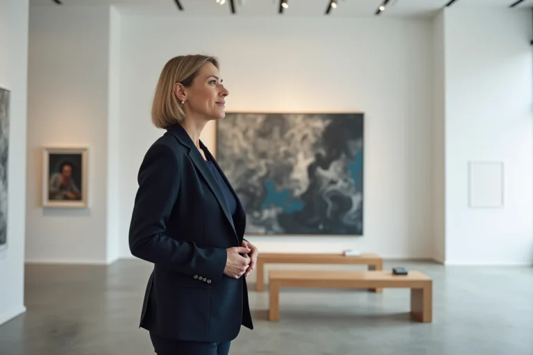 Femme admirant une peinture contemporaine dans une galerie d'art moderne aux murs blancs