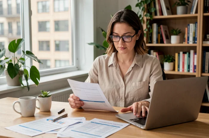 Femme dans la trentaine gérant ses finances personnelles sur un ordinateur portable dans un bureau à domicile moderne