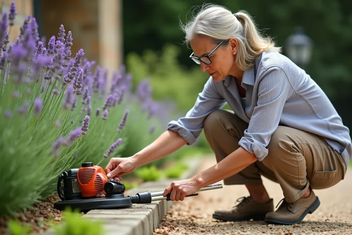 Femme inspectant la tête de coupe d'un coupe-bordures thermique dans un jardin de style français avec bordures de buis
