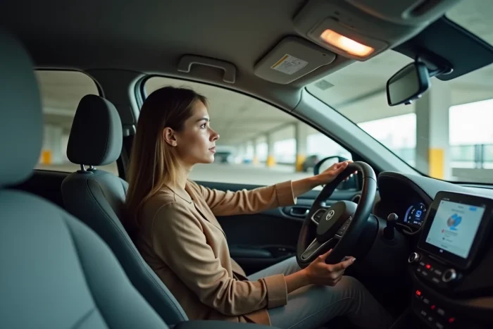Jeune femme évaluant l'intérieur d'une voiture compacte 90 chevaux dans un parking urbain