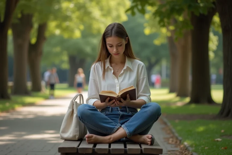 Femme lisant un livre dans un parc urbain, profitant d'un moment de loisir tranquille en plein air