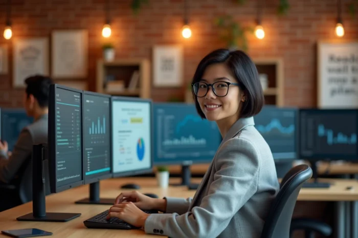 Femme professionnelle utilisant des logiciels collaboratifs sur double écran dans un espace de coworking chaleureux