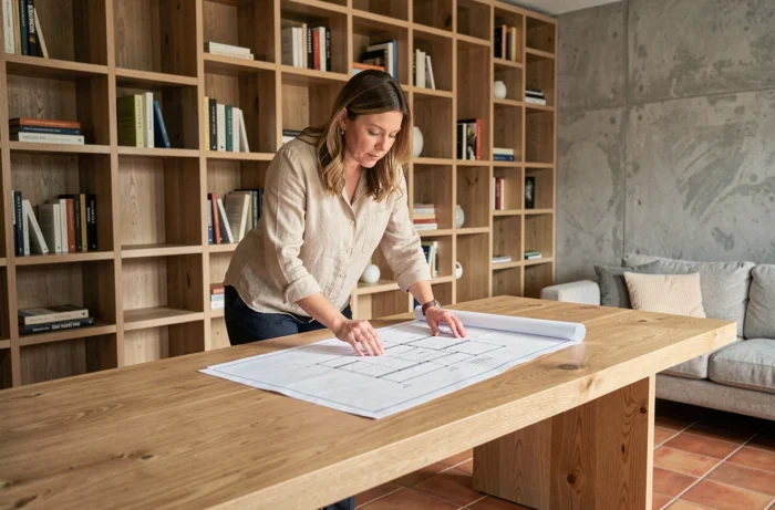 Femme étudiant des plans d'aménagement intérieur devant des bibliothèques sur mesure en chêne dans un salon moderne